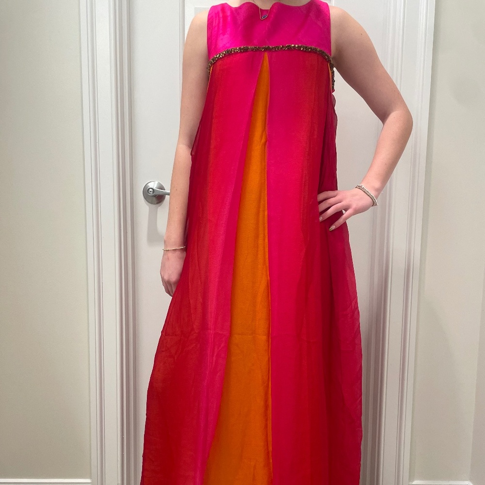 Vintage Pooja Kapoor Sleeveless Maxi Dress Size S, In Vibrant Pink and Orange